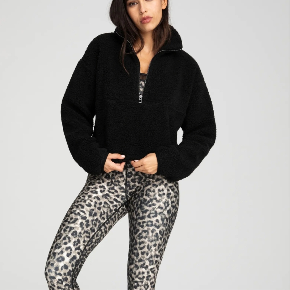Good American High Pile Cropped Black Fleece Half-Zip Pullover Size 4